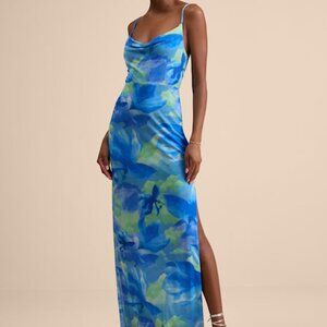 Lulus Sunniva Blue Multi Print Mesh Cowl Maxi Dress - Size M